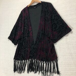 New Look Inspire Kimono Topper Velvet Rose Print Fringe Open Front Plus‎ Size 18
